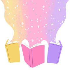 illustration of open books with magical sparkles