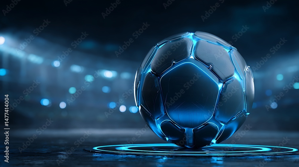 Aufkleber mechanical futuristic soccer ball or football in glossy material with neon glowing stadium details b