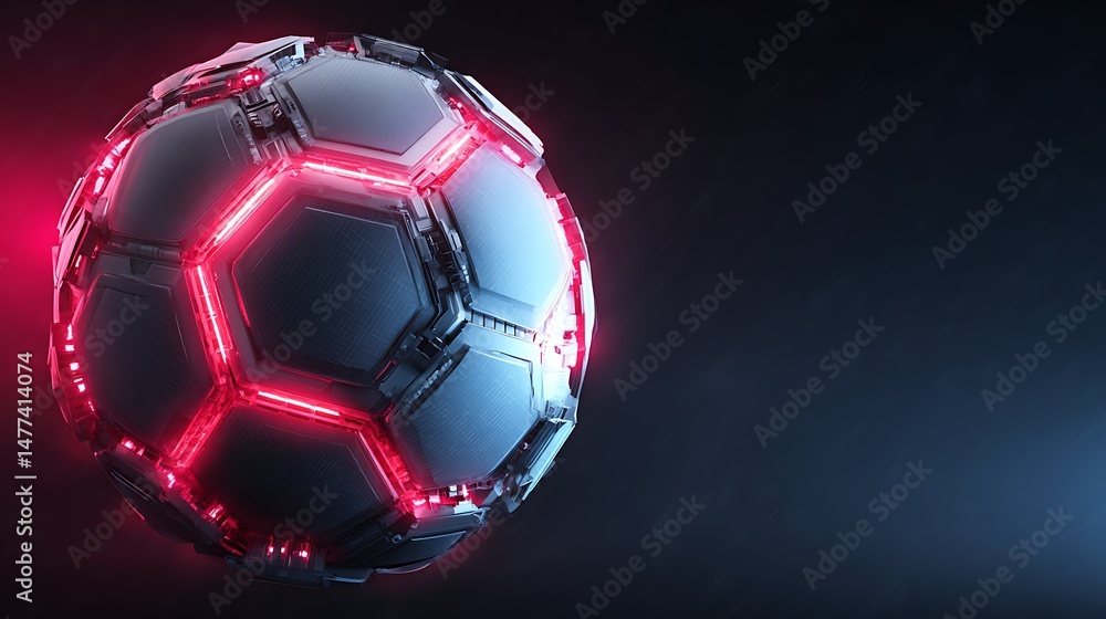 Poster mechanical futuristic soccer ball or football in glossy material with neon glowing stadium details b