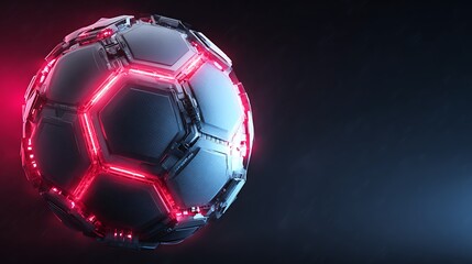 Fototapeta premium Mechanical futuristic soccer ball or football in glossy material with neon glowing stadium details background as banner with copyspace area