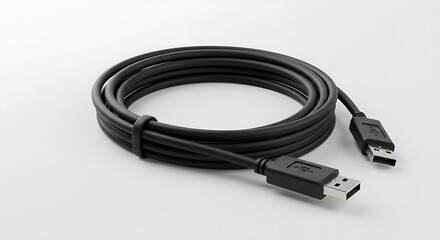 Isolated on White USB Cable Connection Data Transfer Connection Wire Data Storage Cable Data Port Cable Isolated Cable Black