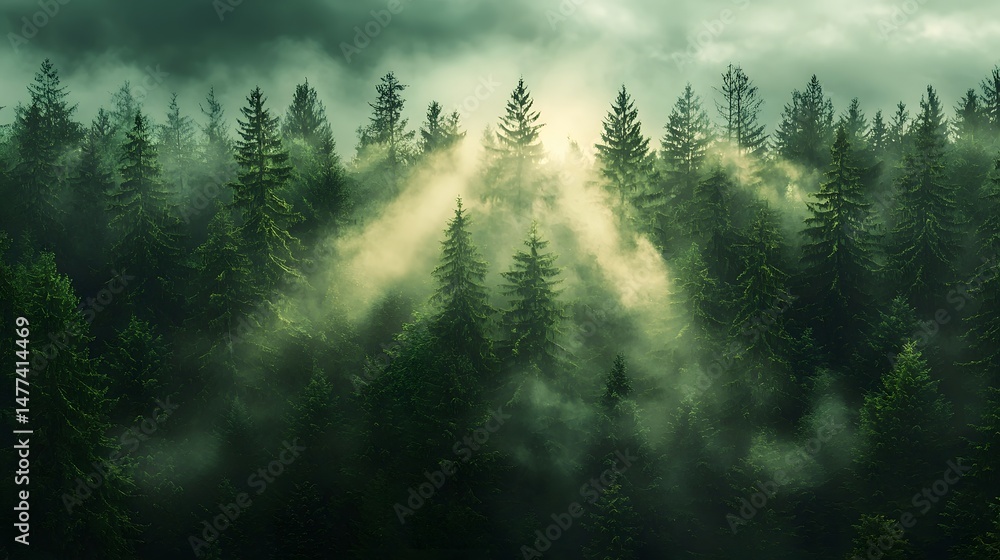Poster ethereal pine forest landscape at dawn with soft golden light gently breaking through the misty hazy