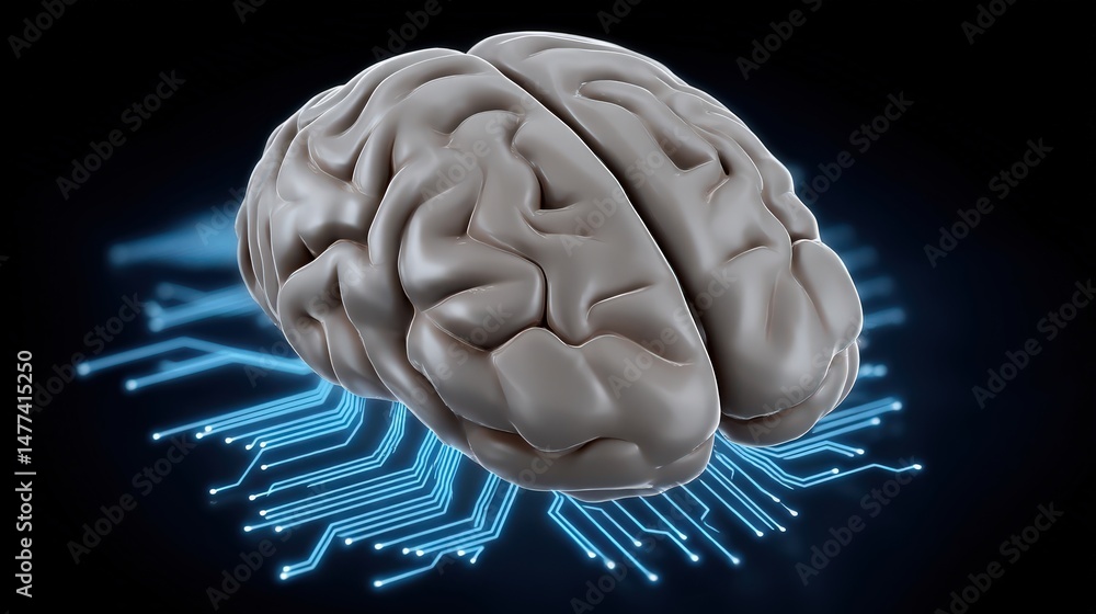 Poster a highly detailed depiction of a human brain interlinked with luminous blue circuitry demonstrating 