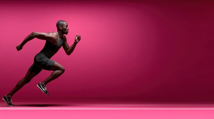 Side profile of track athlete in mid-leap, jumping toward right, soft pink background, minimalist flat design with depth