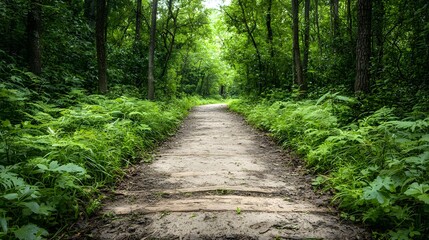 Obraz premium Lush green forest pathway winds through a vibrant natural landscape filled with abundant foliage and scenic beauty leading the viewer into the distance