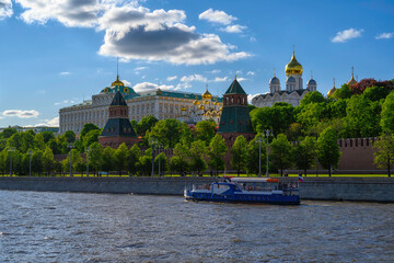 View of Moscow Kremlin, Kremlin Embankment and Moscow River in Moscow, Russia. Architecture and landmark of Moscow