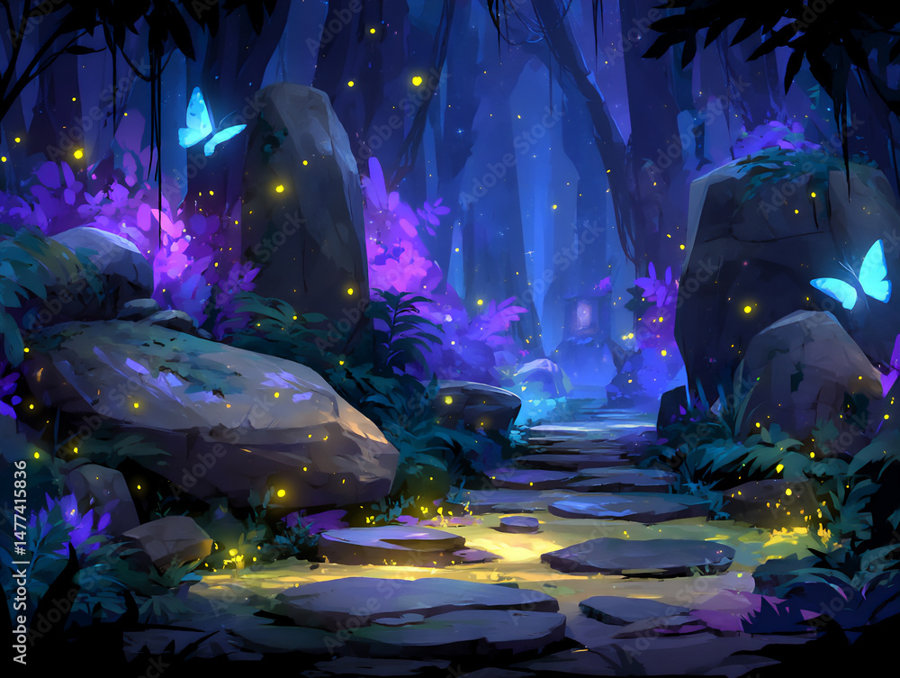 Poster a forest scene at night with fireflies creating a magical path through the trees.