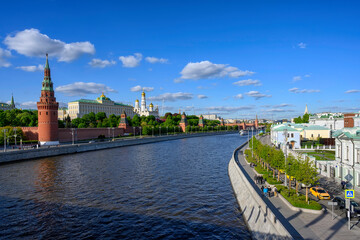 View of Moscow Kremlin, Kremlin and Sofiyskaya Embankment and Moscow River in Moscow, Russia. Architecture and landmark of Moscow