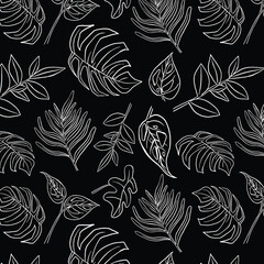 Tropical Monstera Seamless Leaf Pattern. Vector floral background in a trendy minimalistic linear style in pastel colors for printing packaging, fabric, t-shirts, covers, posters