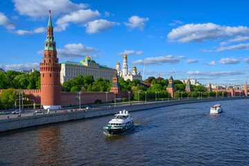 View of Moscow Kremlin, Kremlin Embankment and Moscow River in Moscow, Russia. Architecture and landmark of Moscow
