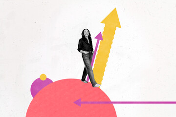 Exclusive magazine picture sketch collage image of happy businesswoman businessman receive arrow...
