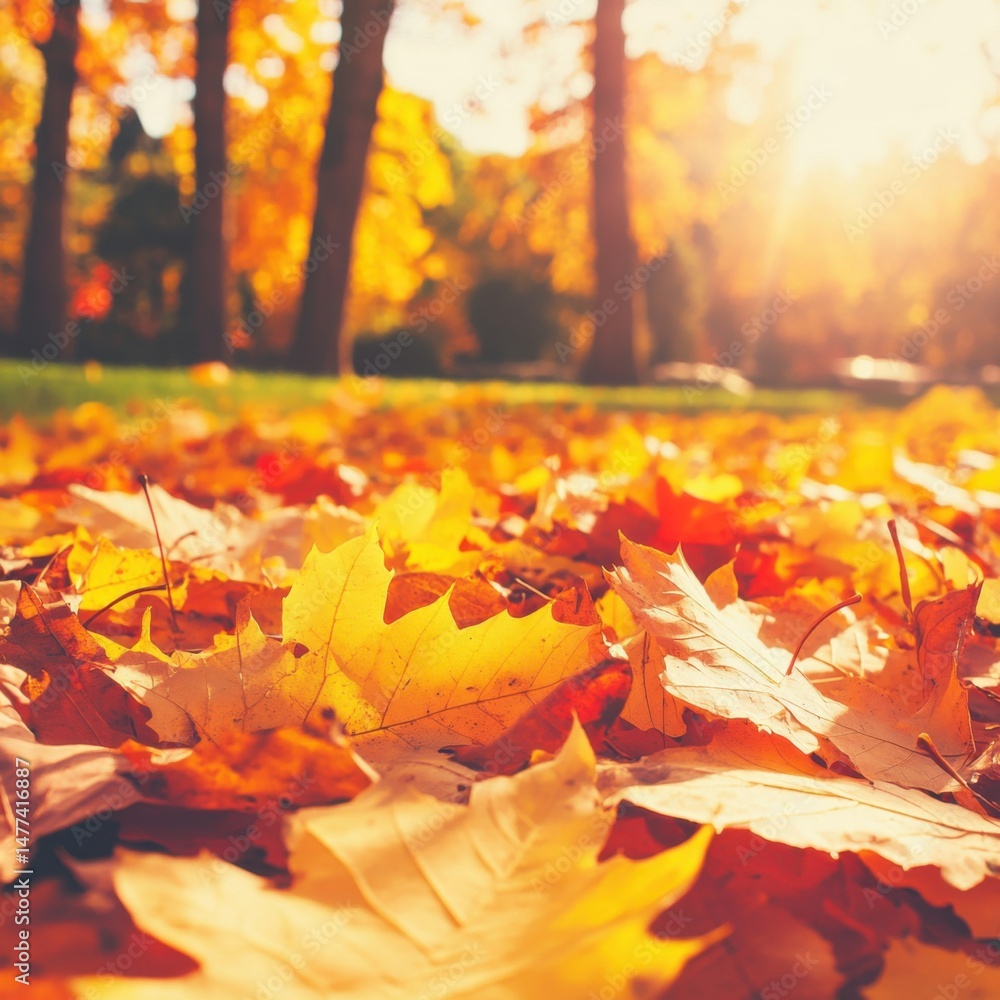 Poster ground level view of vibrant autumn leaves in park setting with sun flare and soft focus background