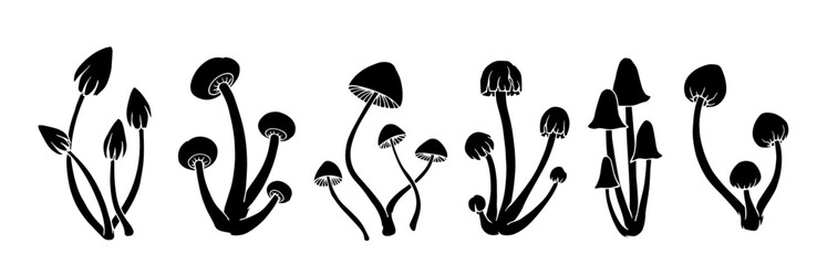 Set of silhouettes, stamps of autumn compositions of death cap mushrooms. Vector graphics.