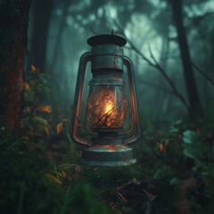A rusty lantern glows in a dark, misty forest.
