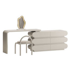 A white dresser with a mirror and a chair