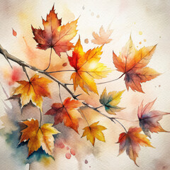 Watercolor painting of autumn leaves on branch fall season art illustration, illustration