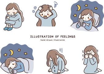 Set of Hand-drawn Illustrations of Women Feeling Stress, Anxiety, and Insomnia