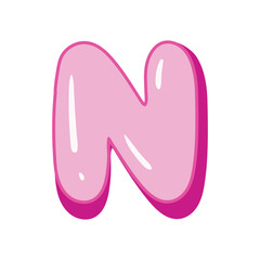 Glossy pink letter N in cartoon bubble style. Cute and playful 3D alphabet design . Isolated on white background