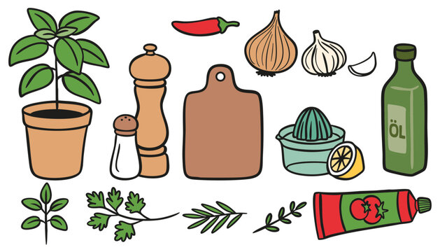 K&uuml;chenzutaten und Gew&uuml;rze Vektorillustration