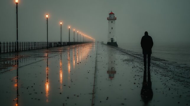Lonely figure on wet pier at night