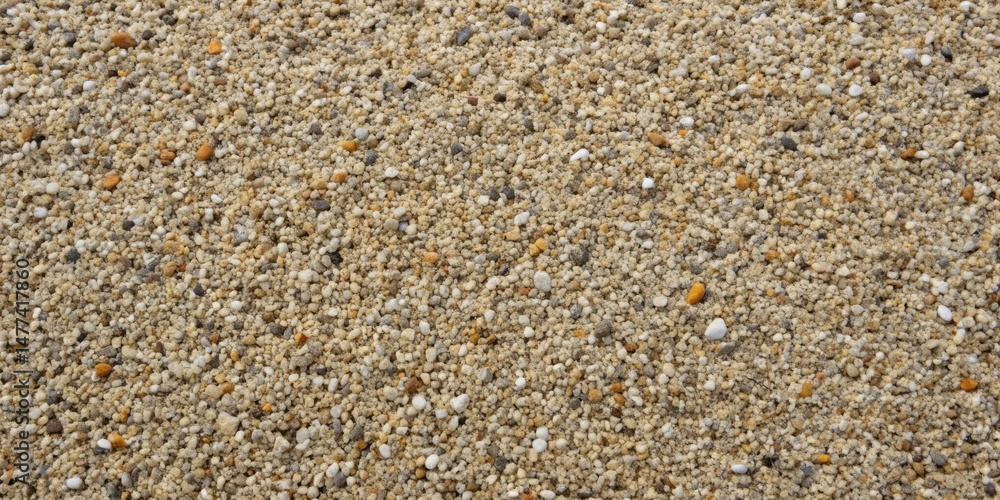 Poster a detailed close-up view of a diverse aggregate mixture featuring small stones in varied hues of bei