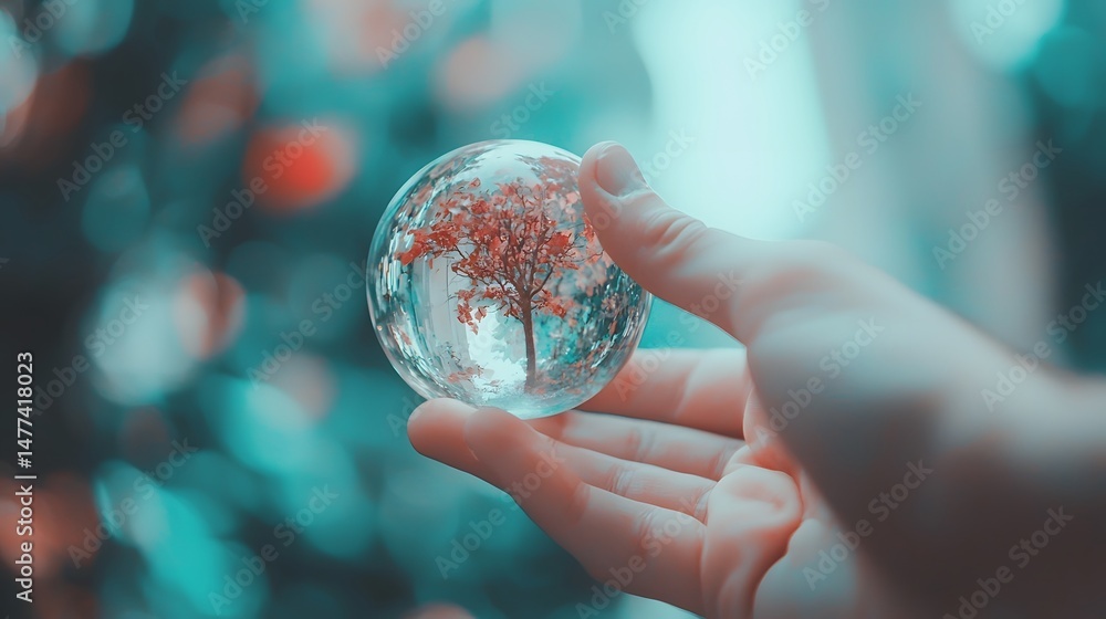 Poster encapsulated forest a transparent glass globe housing a thriving tree symbolizing the fragility and 
