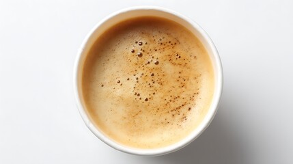 Obraz premium Latte coffee in a paper cup viewed from above white background
