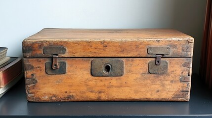Antique wooden chest, home interior, books, shelf