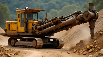 A powerful rock crusher machine used in mining operations, crushing large chunks of stone