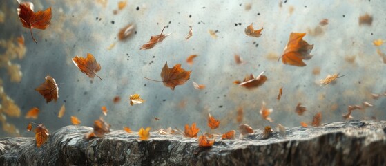 Fototapeta premium Autumn Leaves Whirlwind Scenic View from Stone Ledge Low Angle Shot Nature's Fury Season Change