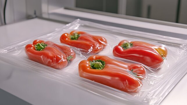 Fresh red bell peppers packaged in clear plastic for preservation