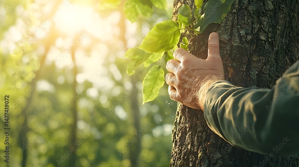 Poster photograph of a towering ancient tree with human hands gently wrapped around its massive trunk symbo