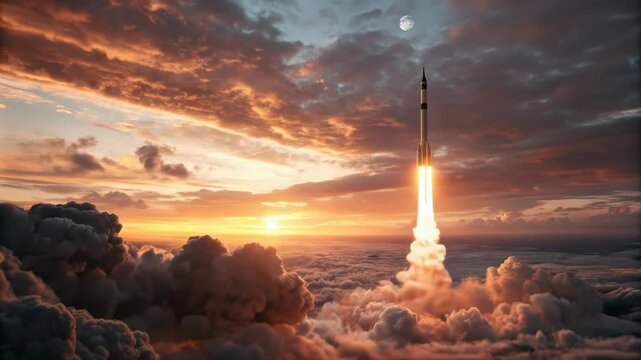 powerful rocket launch against a dramatic sunset with glowing flames and billowing smoke, ascending into the sky while the moon lingers above, capturing a stunning moment of space exploration and cele