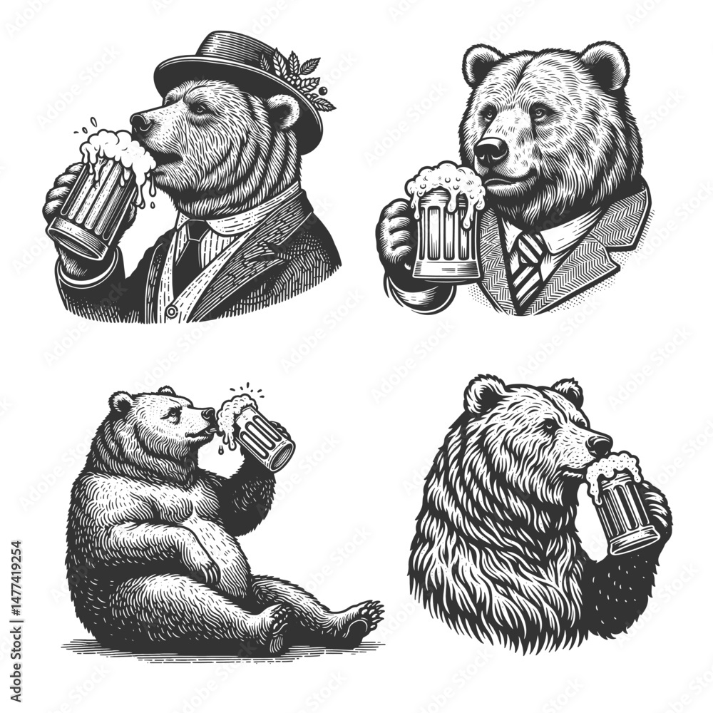 Poster bear drinking frothy beer set collection bundle sketch engraving generative ai vector illustration. 