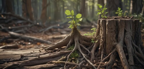 Fototapeta premium New life sprouts from decaying wood, a resilient sapling pushing through aged stump , roots, closeup, background