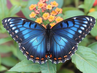 Fototapeta premium Red Spotted Purple Butterfly resting on orange flowers close up view nature wildlife photography