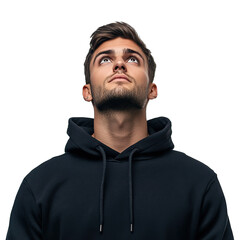 Fototapeta premium Portrait of Handsome Man in Black Hoodie Looking Up Isolated on Transparent Background 