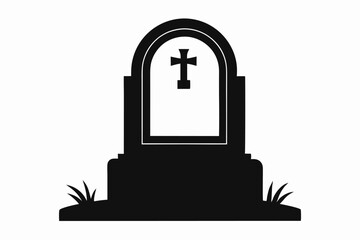 Silhouette Grave Marker with Cross and Grass, Cemetery Memorial Vector Image