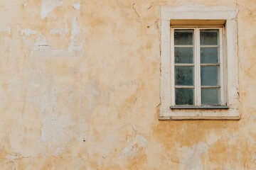 Aged pastel yellow wall with a small white window. Cracked plaster and weathered texture on the building facade