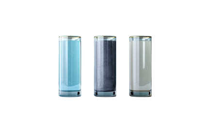 Three glass containers filled with colored powders, displayed against a plain background, showcasing vibrant textures