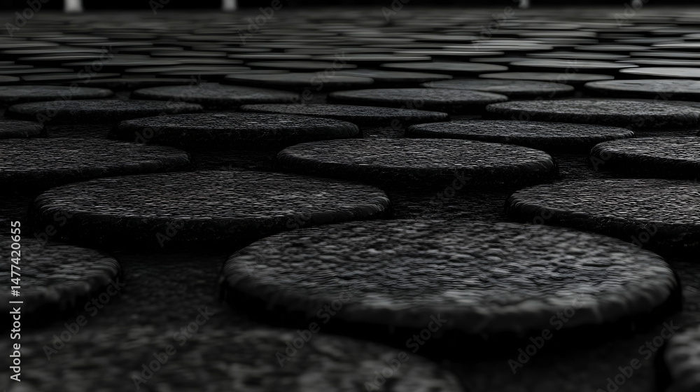 Poster abstract monochrome close-up of textured, circular stones forming a repeating pattern, suggesting a 