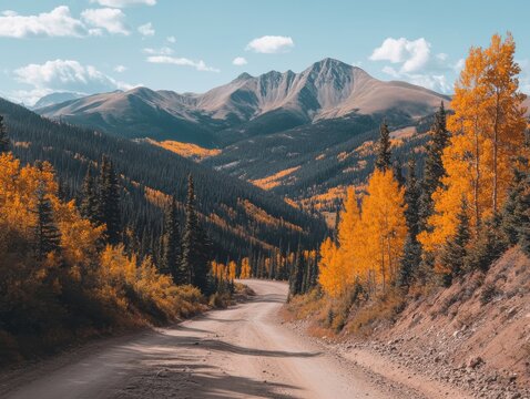 Scenic mountain landscape with dirt road and autumn foliage in Colorado aerial view of mountains and trees