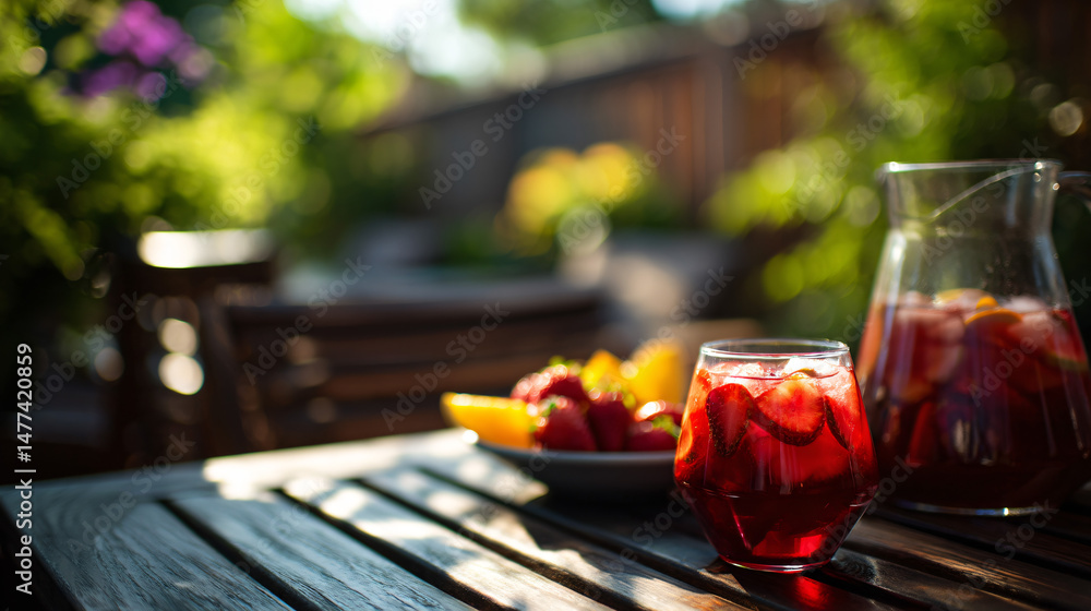 Poster refreshing yield drunkenness and assorted fruit on a patio table.