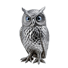 Obraz premium Shiny silver owl statue with detailed feathers and large blue eyes, standing upright with lifelike and elegant appearance