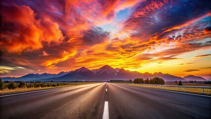 Naklejka premium Asphalt road leading towards majestic mountains under a vibrant, fiery sunset sky