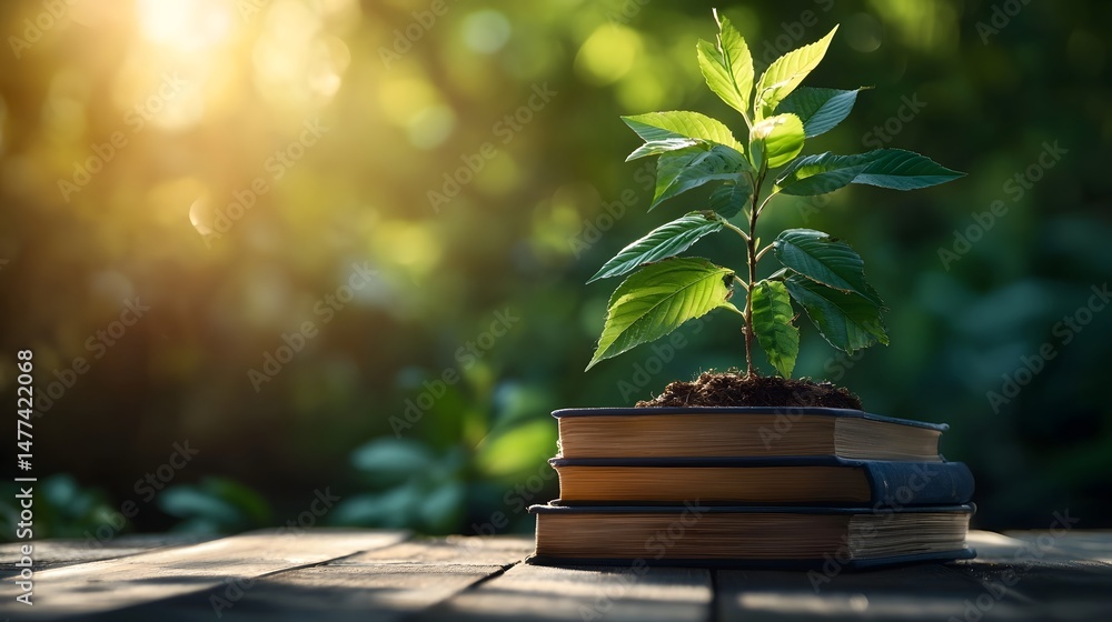 Poster a conceptual photograph showcasing a stack of books with a small tree growing from the top symbolizi