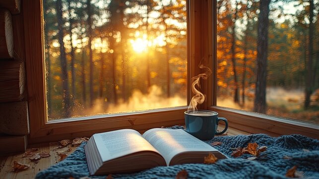 Autumn cabin sunrise, book, coffee, forest view, cozy reading