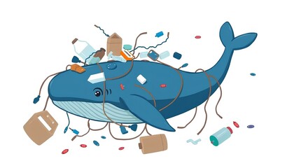 Obraz premium Sad whale drowning in plastic pollution for concept World Oceans Day