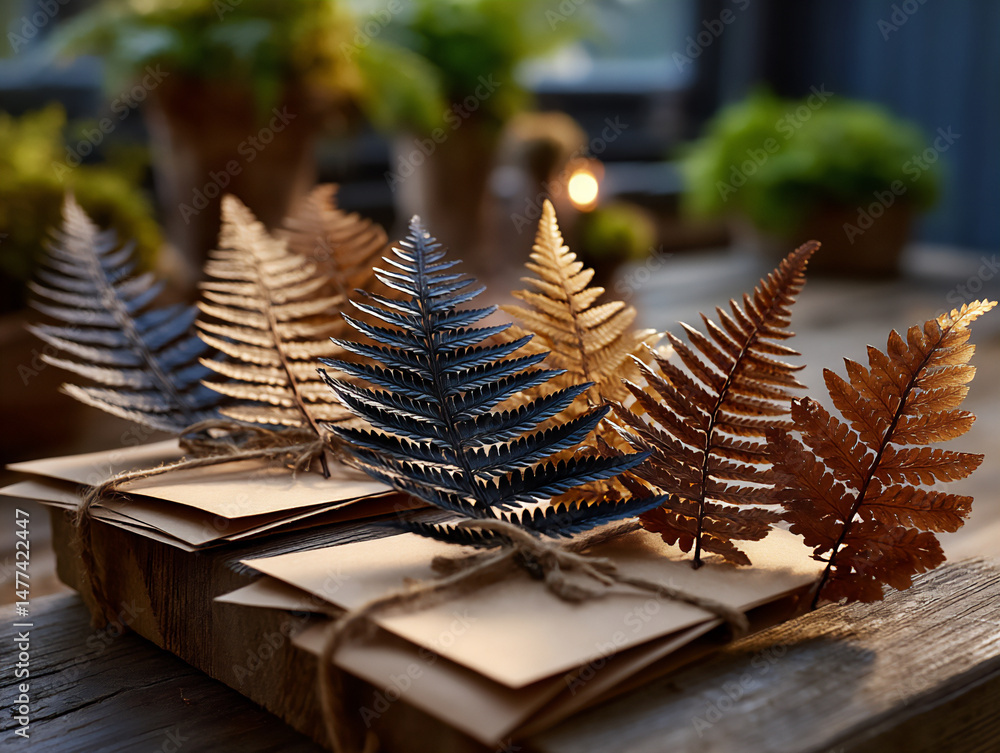 Poster close-up of pressed ferns and grasses being used to create minimalist botanical prints on paper.