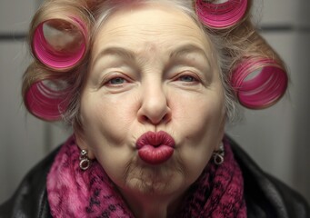 Joyful senior woman with pink hair rollers making playful puckered kissing face wearing vibrant scarf and vintage style accessories in natural light.